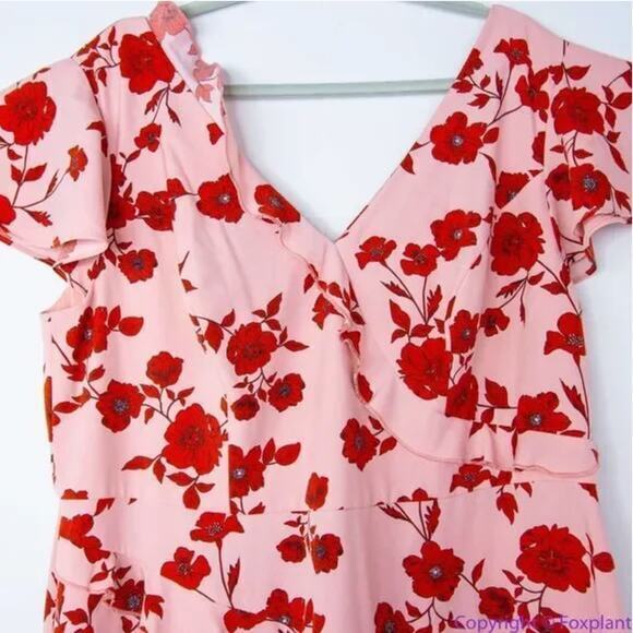 Adrianna Papell warm pink red floral print high low flutter sleeve dress size 14 - Picture 5 of 16